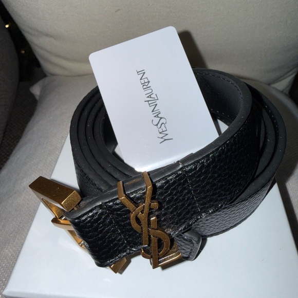 Yves Saint Laurent Black Leather Belt with Gold Logo - Picture 2 of 6